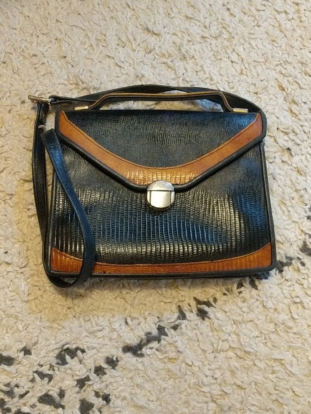 Vtg Greg Roche Signed Black Brown Burma Lizard Embossed Leather Crossbody Bag
